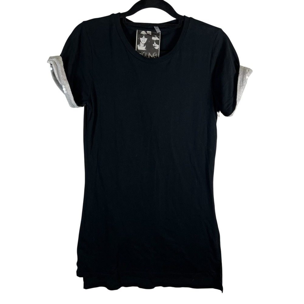 Young Fabulous & Broke Black Sequin Cuff Short Sleeve Cotton T-Shirt Small
